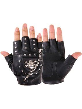 Men Black Half Finger Punk Rivets Metal Chain Motorcycles PU Leather Gloves